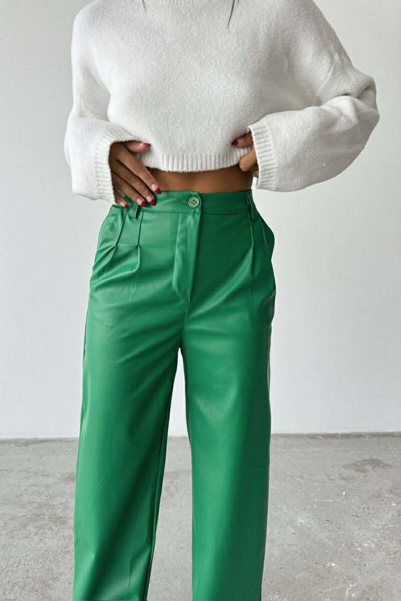 ONE COLOR LEATHER WIDE LEG WOMEN TROUSERS GREEN/JESHILE - 3