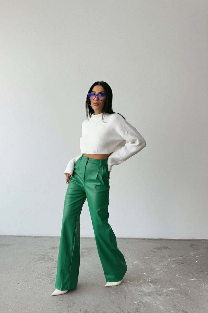 ONE COLOR LEATHER WIDE LEG WOMEN TROUSERS GREEN/JESHILE - 4