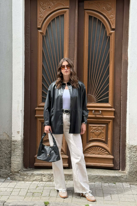 ONE COLOR LEATHER WOMAN SHIRT BLACK/ E ZEZE - 1