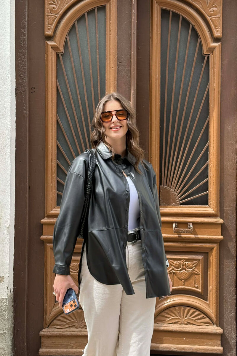 ONE COLOR LEATHER WOMAN SHIRT BLACK/ E ZEZE - 4