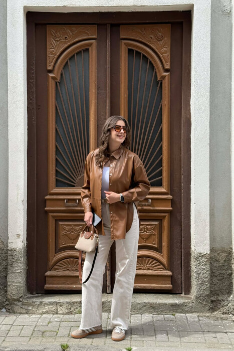 ONE COLOR LEATHER WOMAN SHIRT BROWN/KAFE - 1