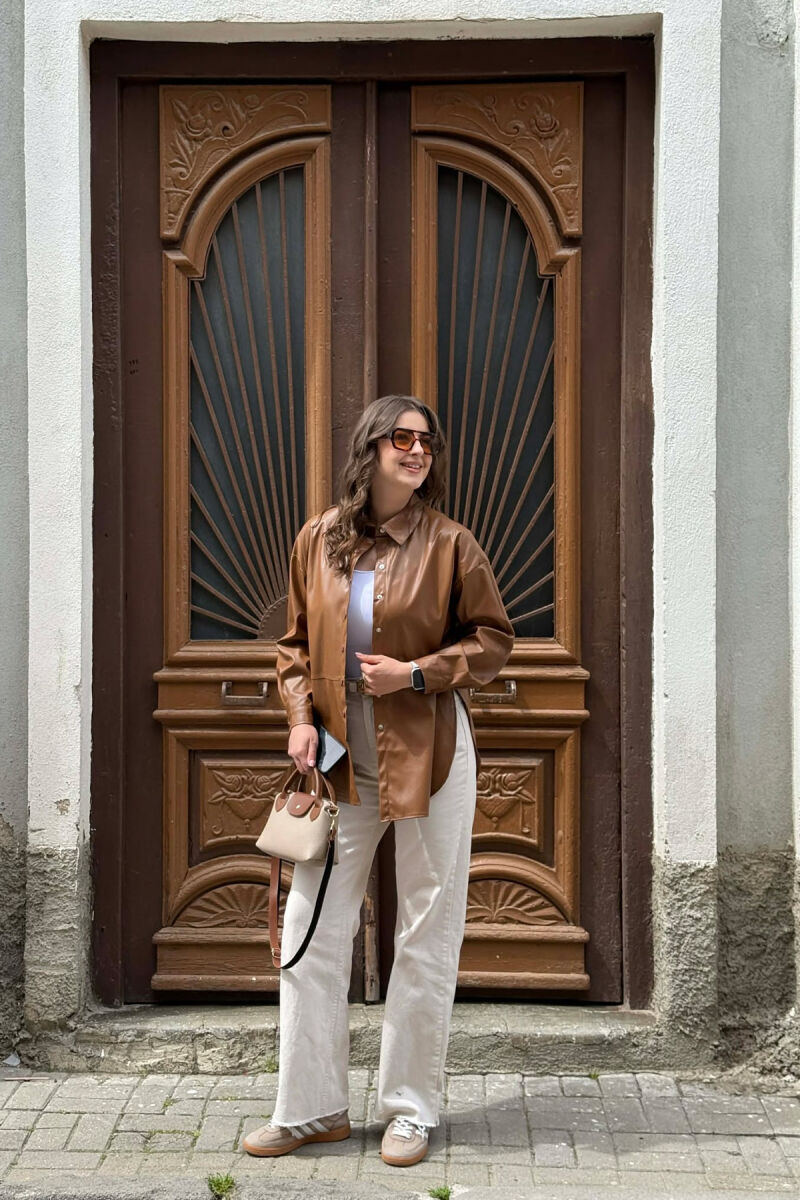 ONE COLOR LEATHER WOMAN SHIRT BROWN/KAFE - 1