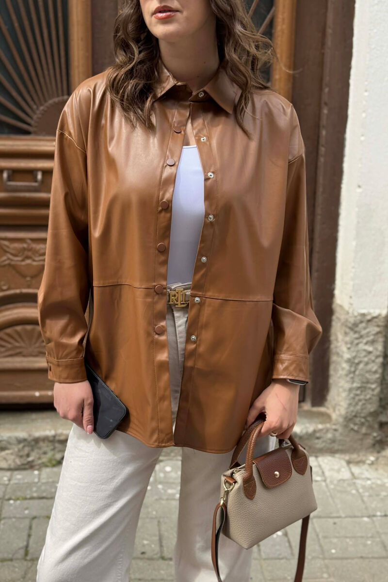 ONE COLOR LEATHER WOMAN SHIRT BROWN/KAFE - 3