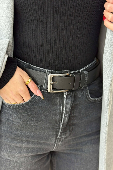 ONE COLOR LEATHER WOMEN BELT BLACK+SILVER/ZEZE+ARGJEND - KLAUDIO FASHION