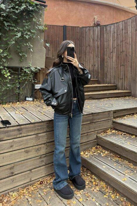 ONE COLOR LEATHER WOMEN JACKET BLACK/ E ZEZE - 1