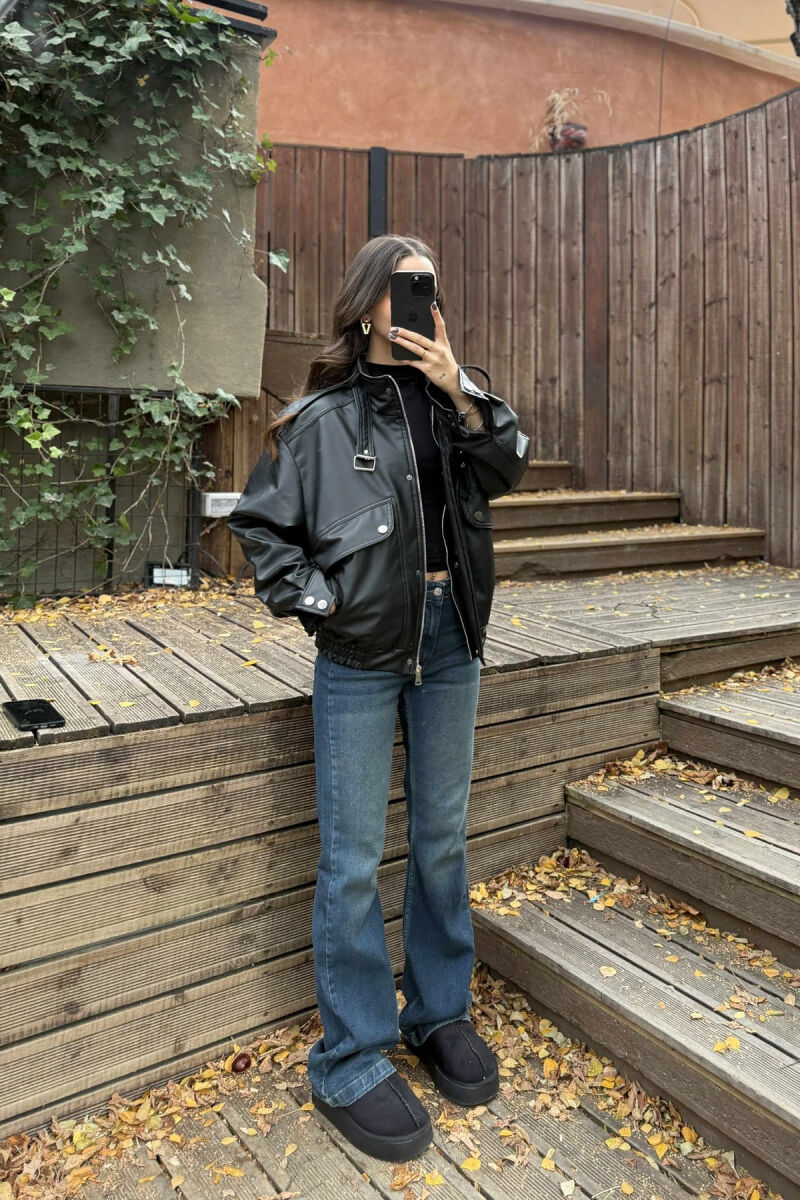 ONE COLOR LEATHER WOMEN JACKET BLACK/ E ZEZE - 1