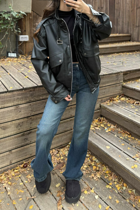 ONE COLOR LEATHER WOMEN JACKET BLACK/ E ZEZE - 2