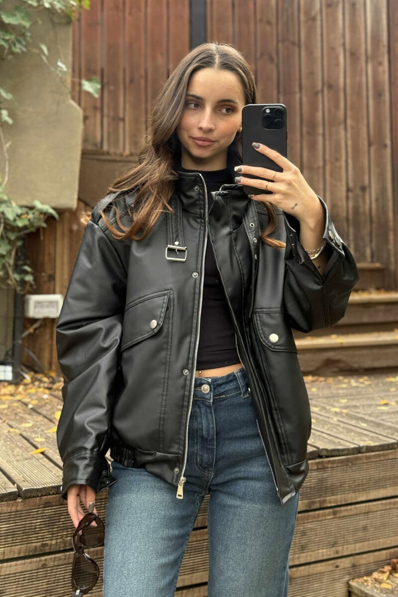 ONE COLOR LEATHER WOMEN JACKET BLACK/ E ZEZE - 5