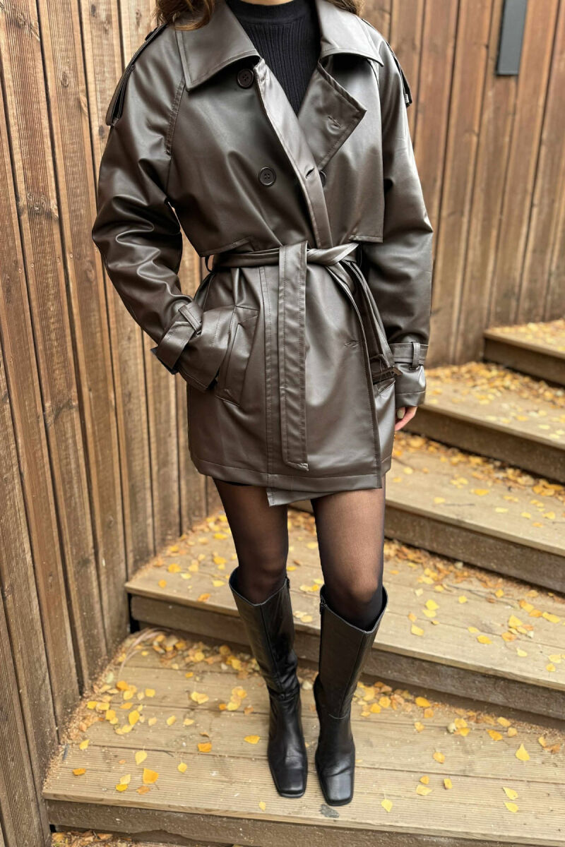 ONE COLOR LEATHER WOMEN JACKET BROWN/KAFE - 4