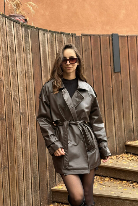 ONE COLOR LEATHER WOMEN JACKET BROWN/KAFE - 5