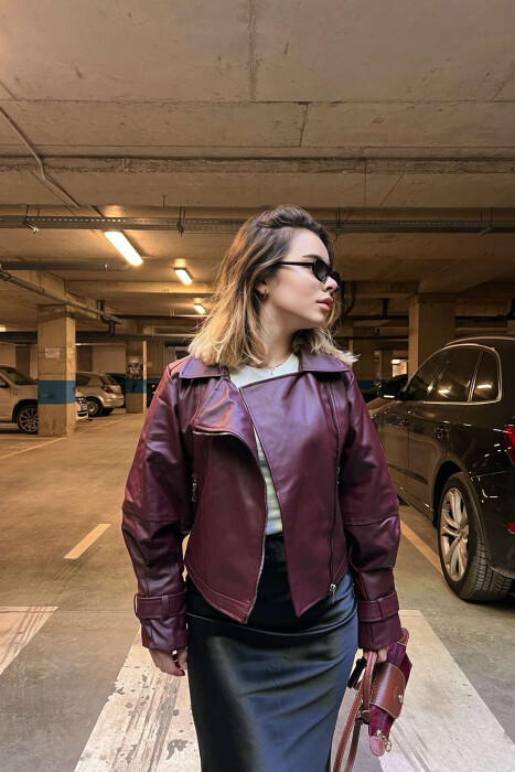 ONE COLOR LEATHER WOMEN JACKET BURGUNDY/VISHNJE - 3