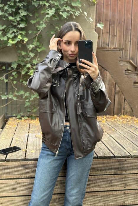 ONE COLOR LEATHER WOMEN JACKET DARK BROWN/KAE - KLAUDIO FASHION