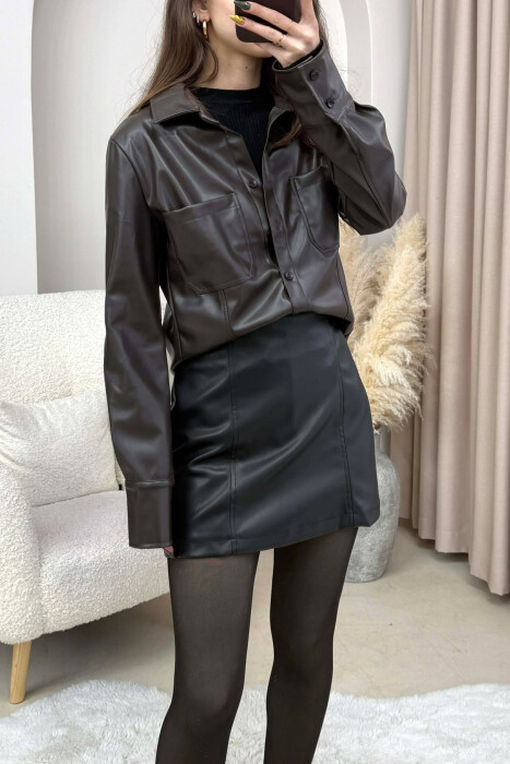 ONE COLOR LEATHER WOMEN JACKET DARK BROWN/KAE - 2