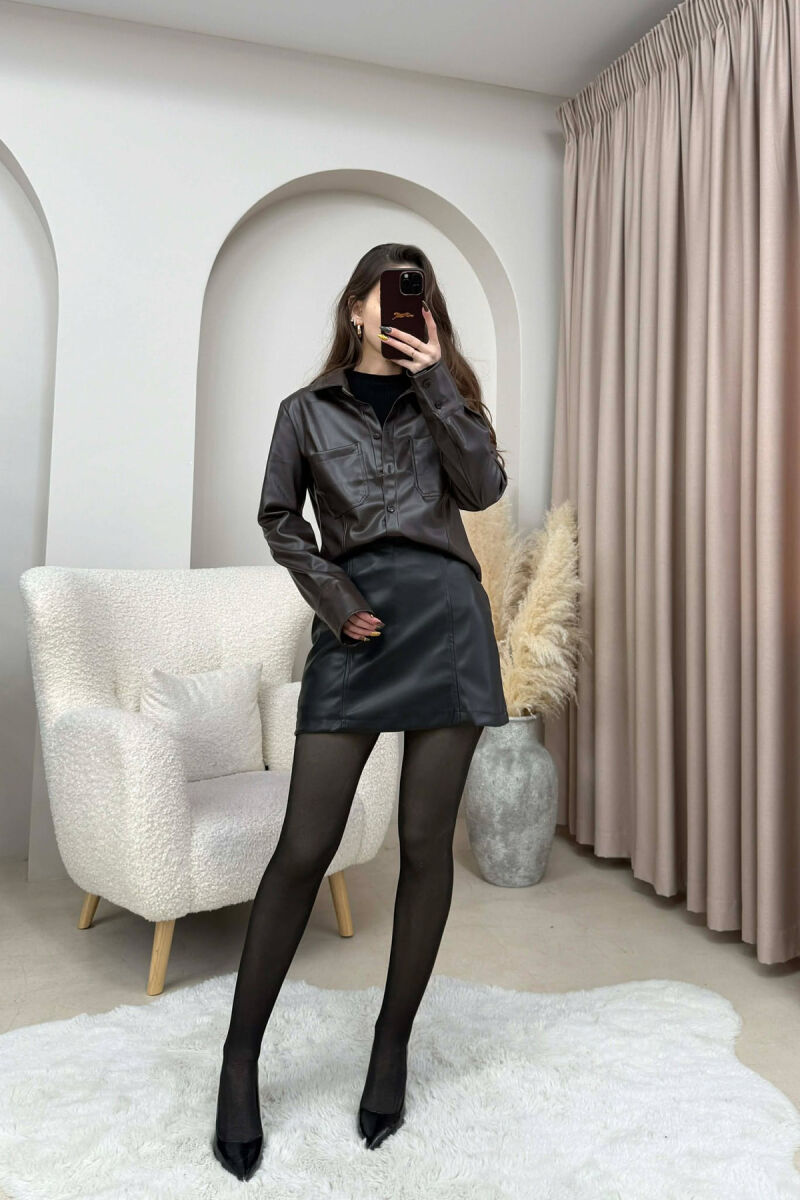 ONE COLOR LEATHER WOMEN JACKET DARK BROWN/KAE - 4