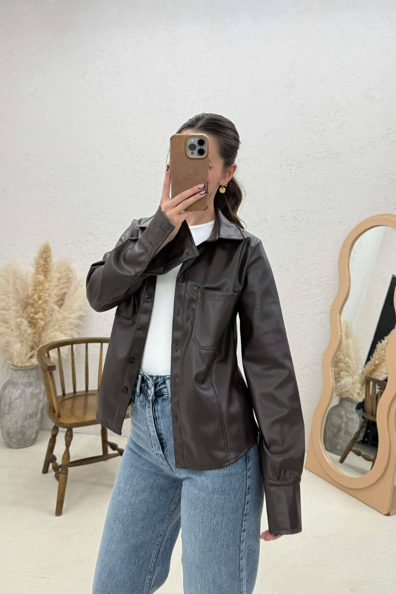 ONE COLOR LEATHER WOMEN JACKET DARK BROWN/KAE - 1