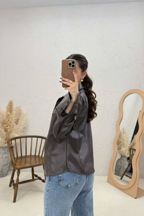 ONE COLOR LEATHER WOMEN JACKET DARK BROWN/KAE - 2
