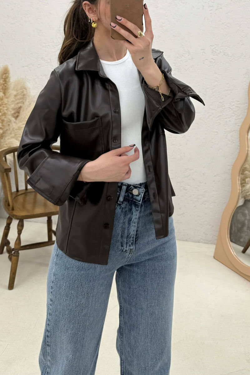 ONE COLOR LEATHER WOMEN JACKET DARK BROWN/KAE - 4
