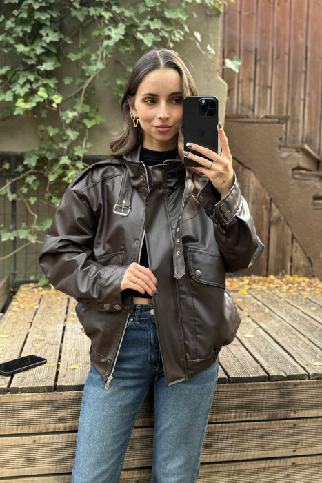 ONE COLOR LEATHER WOMEN JACKET DARK BROWN/KAE - 2