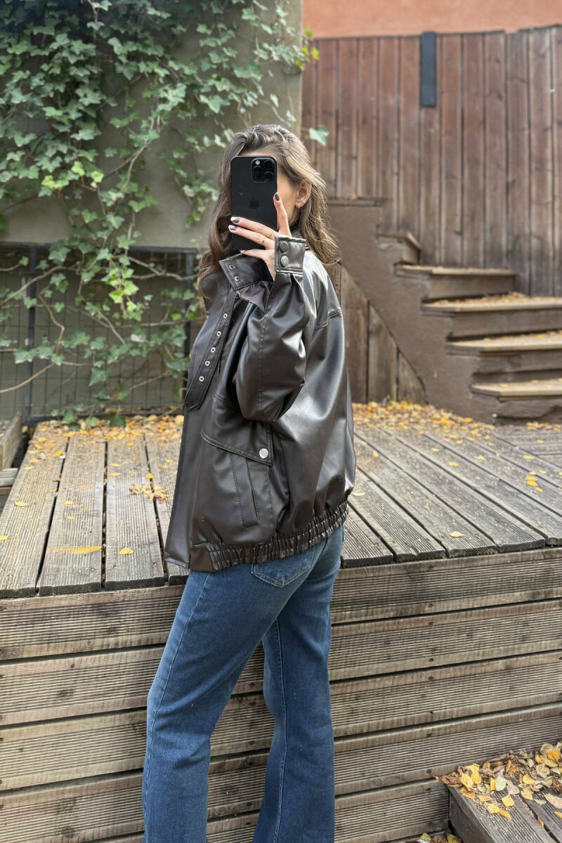 ONE COLOR LEATHER WOMEN JACKET DARK BROWN/KAE - 3