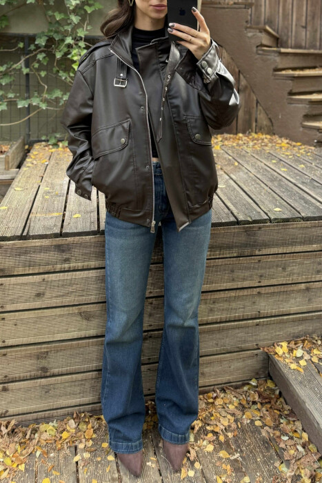 ONE COLOR LEATHER WOMEN JACKET DARK BROWN/KAE - 4