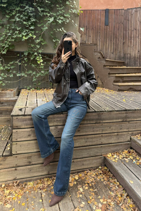 ONE COLOR LEATHER WOMEN JACKET DARK BROWN/KAE - 5