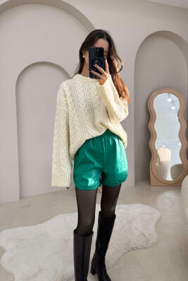 ONE COLOR LEATHER WOMEN SHORT PANTS GREEN/JESHILE 