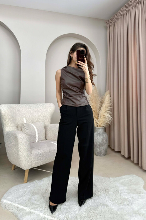 ONE COLOR LEATHER WOMEN TANK TOP BROWN/KAFE - KLAUDIO FASHION