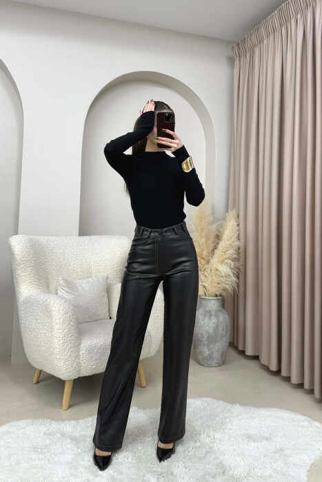 ONE COLOR LEATHER WOMEN TROUSERS BLACK/ E ZEZE - 2