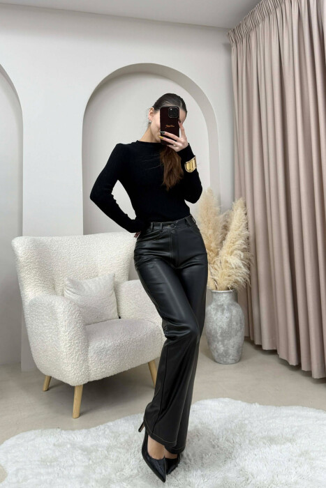 ONE COLOR LEATHER WOMEN TROUSERS BLACK/ E ZEZE - 5