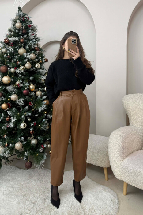 ONE COLOR LEATHER WOMEN TROUSERS BROWN/KAFE - KLAUDIO FASHION