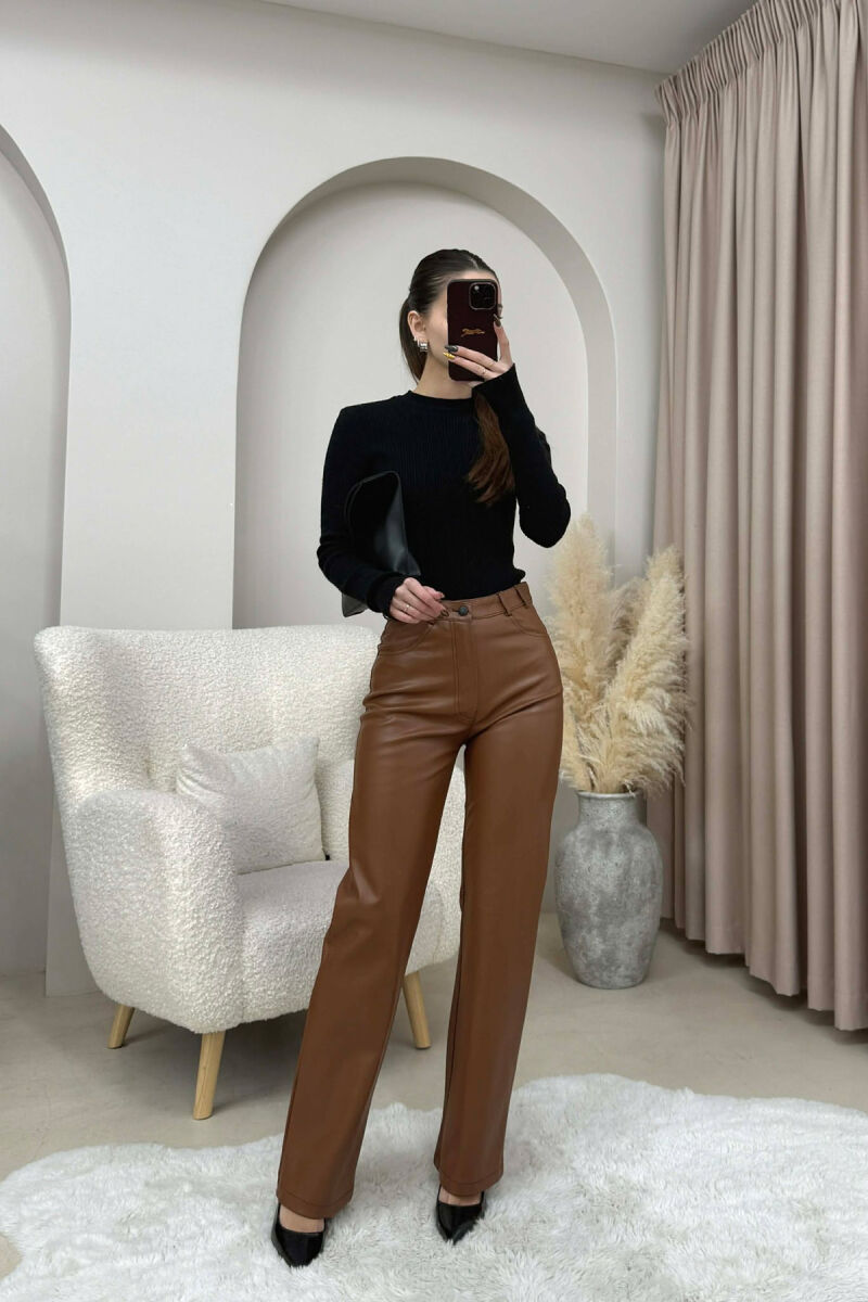 ONE COLOR LEATHER WOMEN TROUSERS BROWN/KAFE - 2