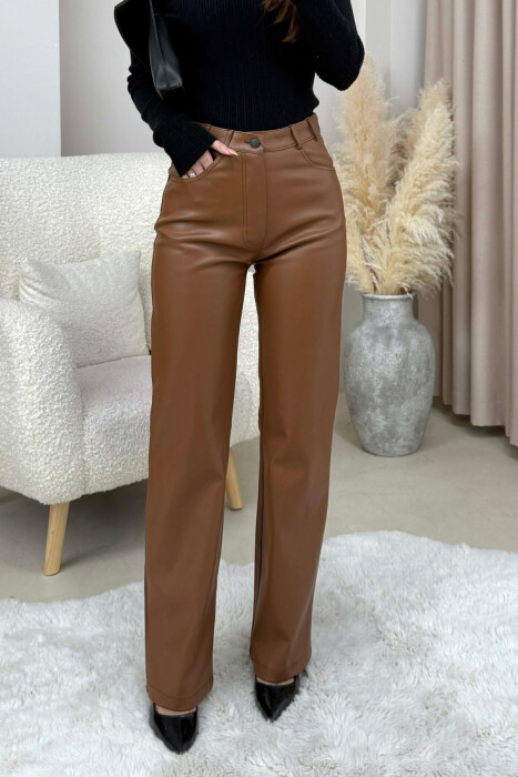 ONE COLOR LEATHER WOMEN TROUSERS BROWN/KAFE - 1