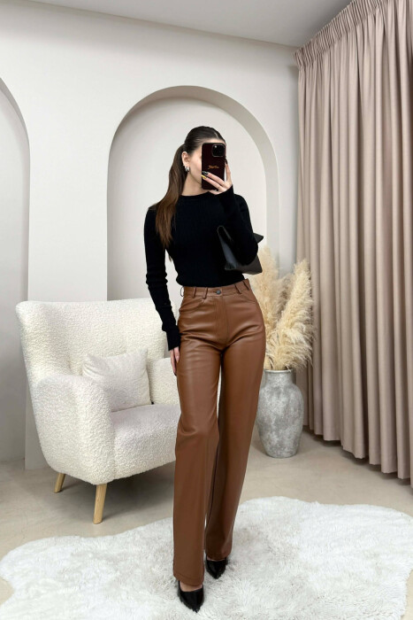 ONE COLOR LEATHER WOMEN TROUSERS BROWN/KAFE - 3