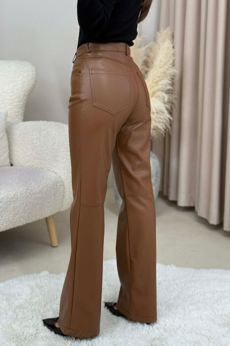 ONE COLOR LEATHER WOMEN TROUSERS BROWN/KAFE - 4