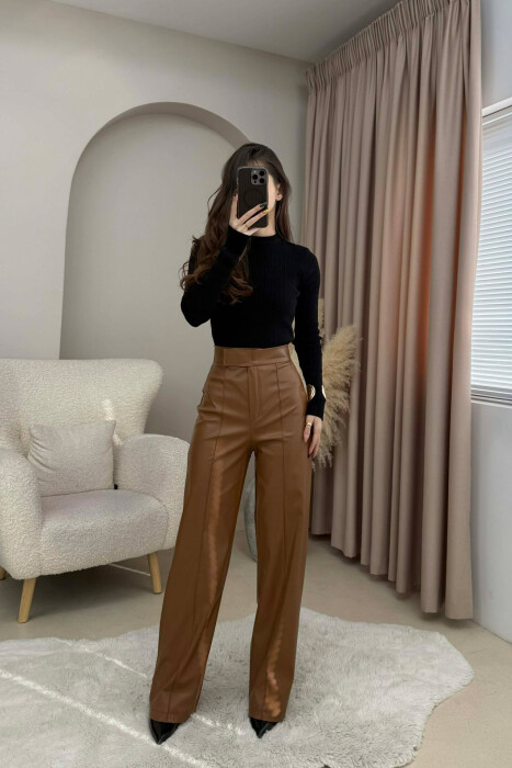 ONE COLOR LEATHER WOMEN TROUSERS BROWN/KAFE - 2