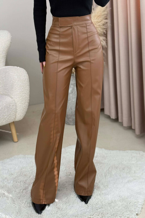 ONE COLOR LEATHER WOMEN TROUSERS BROWN/KAFE - 1