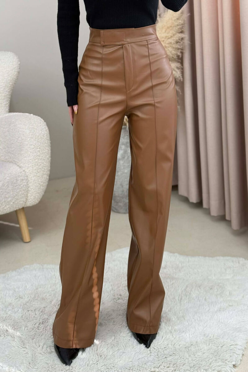 ONE COLOR LEATHER WOMEN TROUSERS BROWN/KAFE - 1