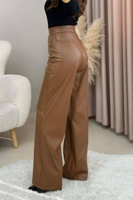 ONE COLOR LEATHER WOMEN TROUSERS BROWN/KAFE - 3