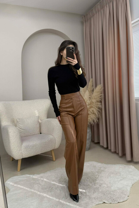 ONE COLOR LEATHER WOMEN TROUSERS BROWN/KAFE - 4