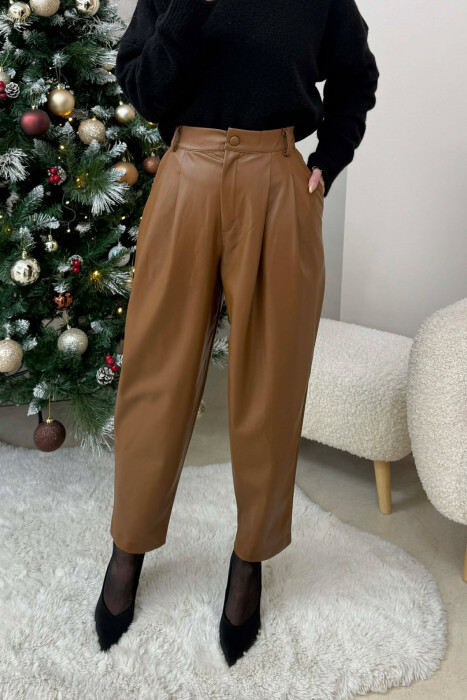 ONE COLOR LEATHER WOMEN TROUSERS BROWN/KAFE - 3
