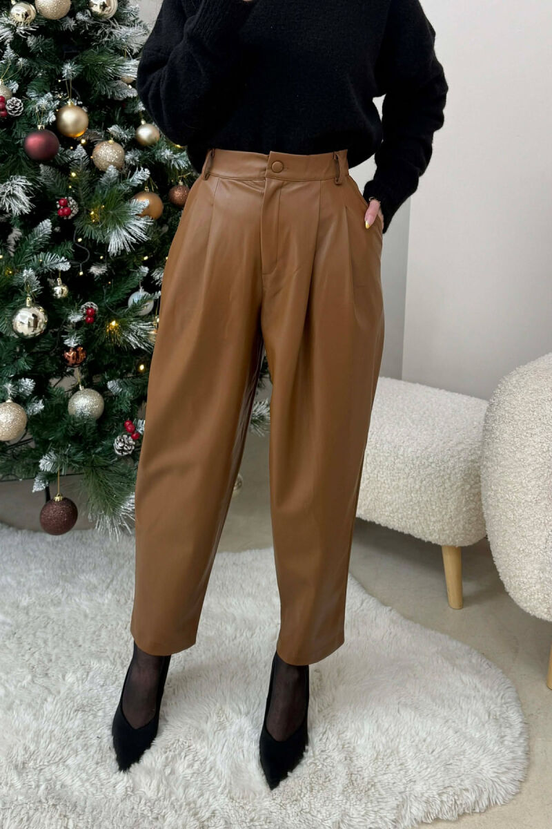 ONE COLOR LEATHER WOMEN TROUSERS BROWN/KAFE - 3