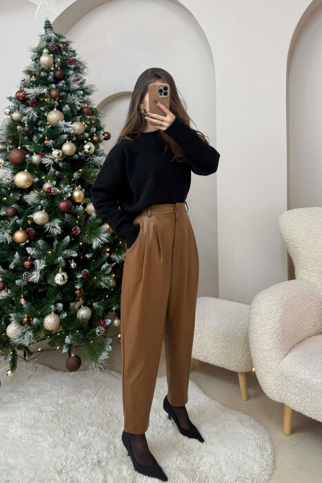 ONE COLOR LEATHER WOMEN TROUSERS BROWN/KAFE - 2