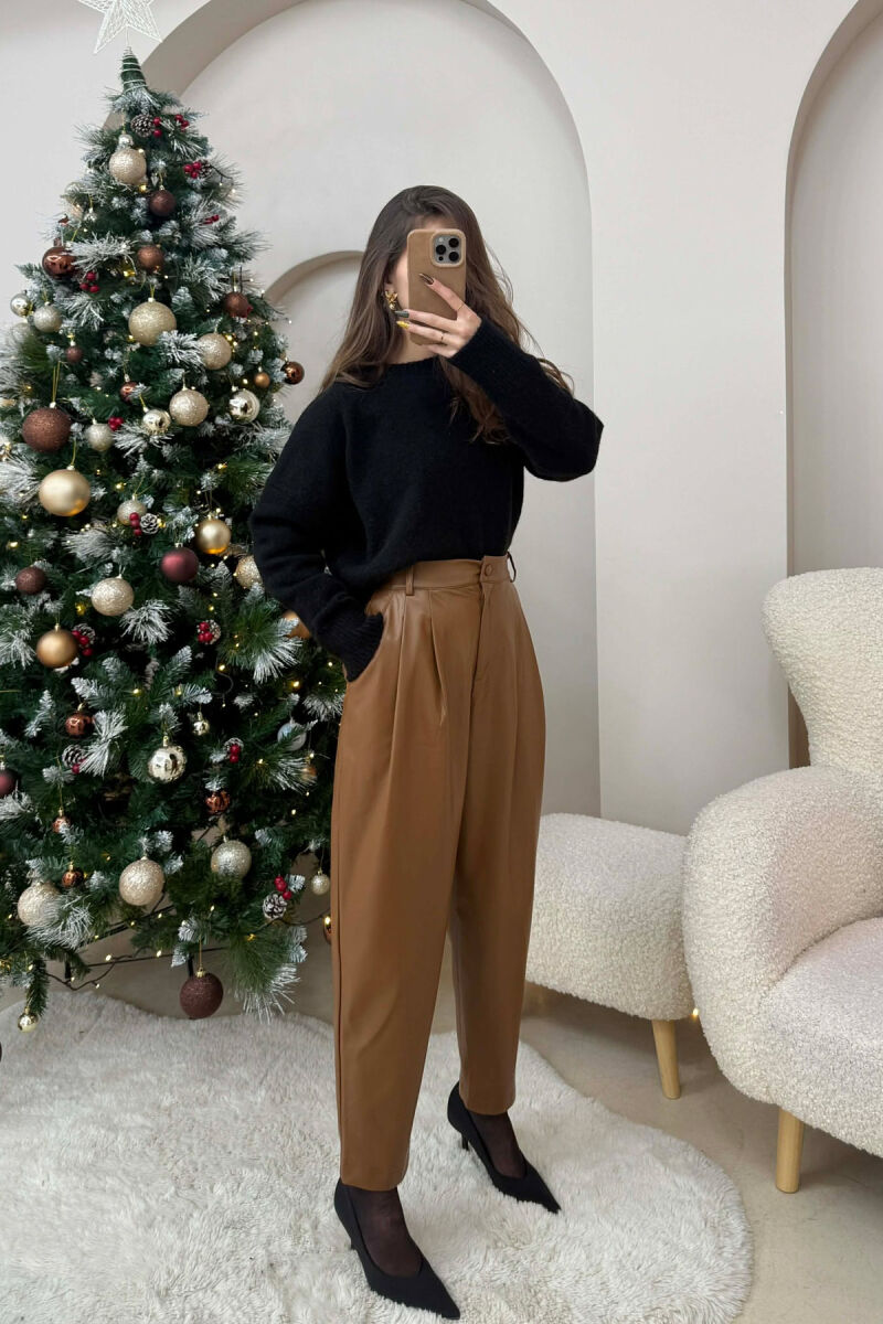 ONE COLOR LEATHER WOMEN TROUSERS BROWN/KAFE - 2