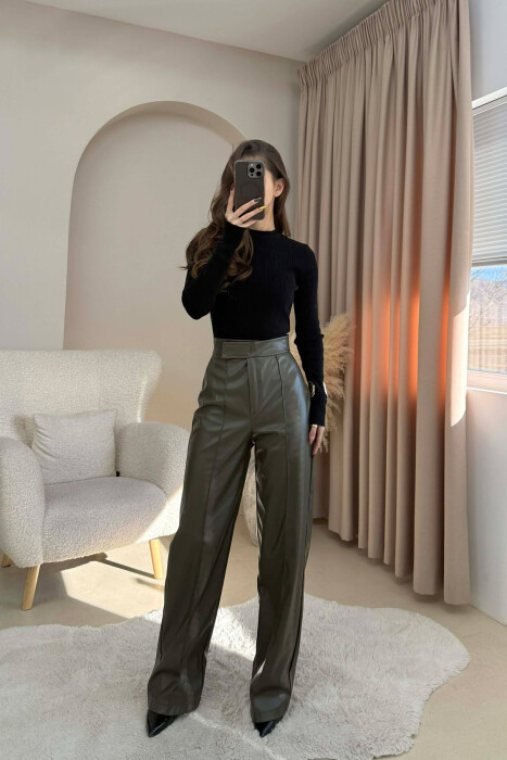 ONE COLOR LEATHER WOMEN TROUSERS OLIVE/ULLI - 2