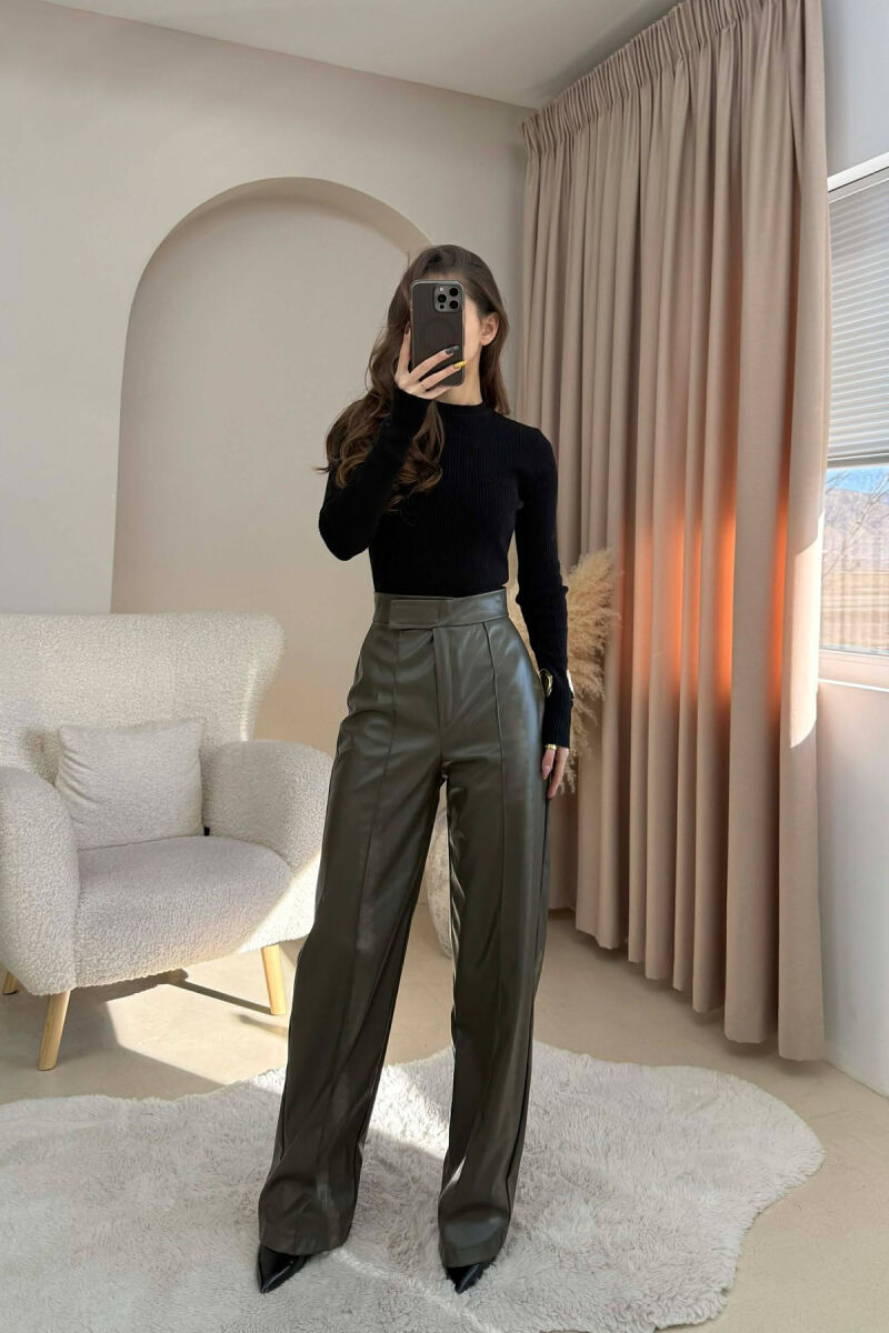 ONE COLOR LEATHER WOMEN TROUSERS OLIVE/ULLI - 2