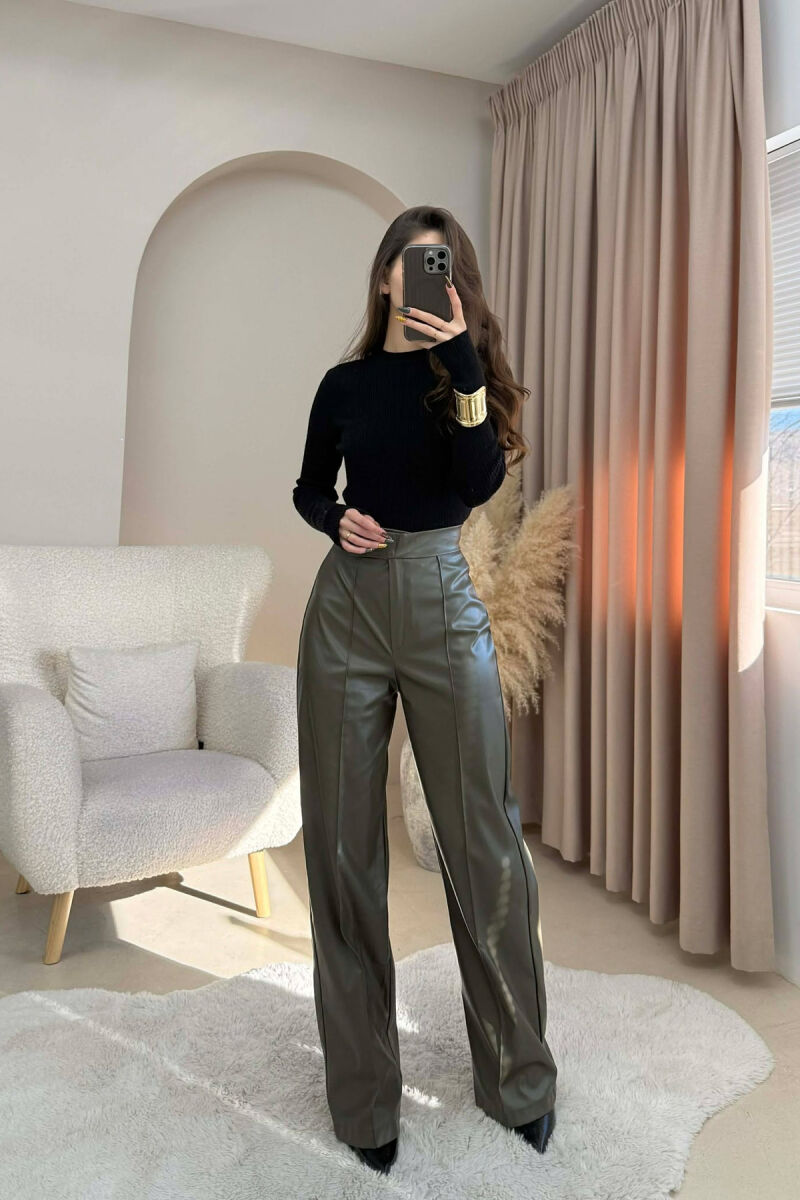 ONE COLOR LEATHER WOMEN TROUSERS OLIVE/ULLI - 3