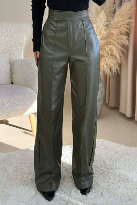 ONE COLOR LEATHER WOMEN TROUSERS OLIVE/ULLI - 1