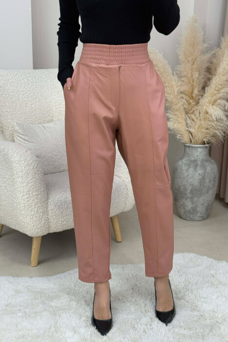 ONE COLOR LEATHER WOMEN TROUSERS POWDER/PUDER - KLAUDIO FASHION