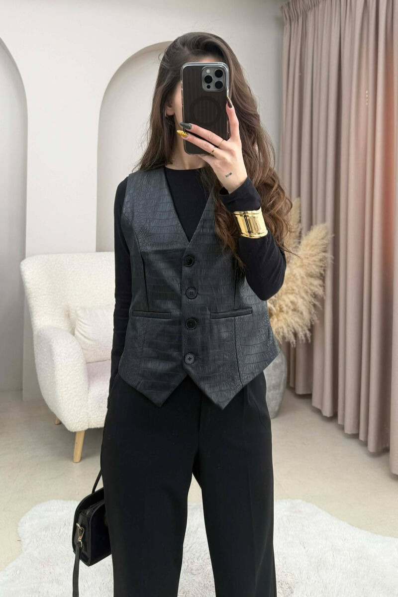 ONE COLOR LEATHER WOMEN VEST BLACK/ E ZEZE - 2