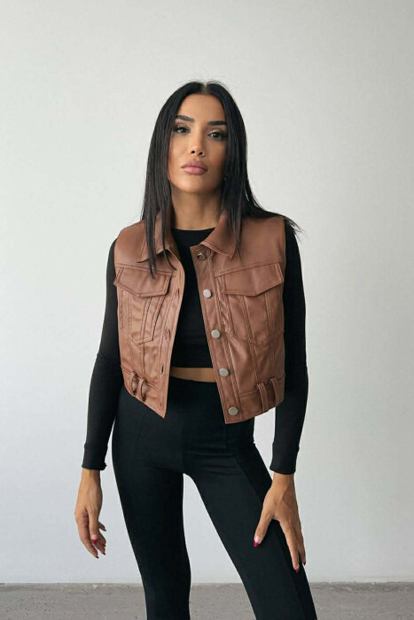 ONE COLOR LEATHER WOMEN VEST BROWN/KAFE - 1
